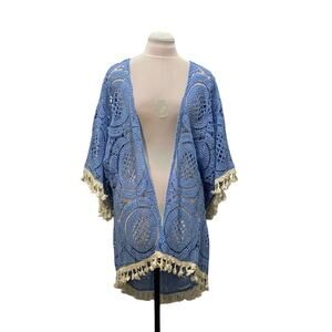 JUDITH MARCH Sky Blue & Cream Crocheted Lace Tassels LARGE Kimono Cover Up Beach
